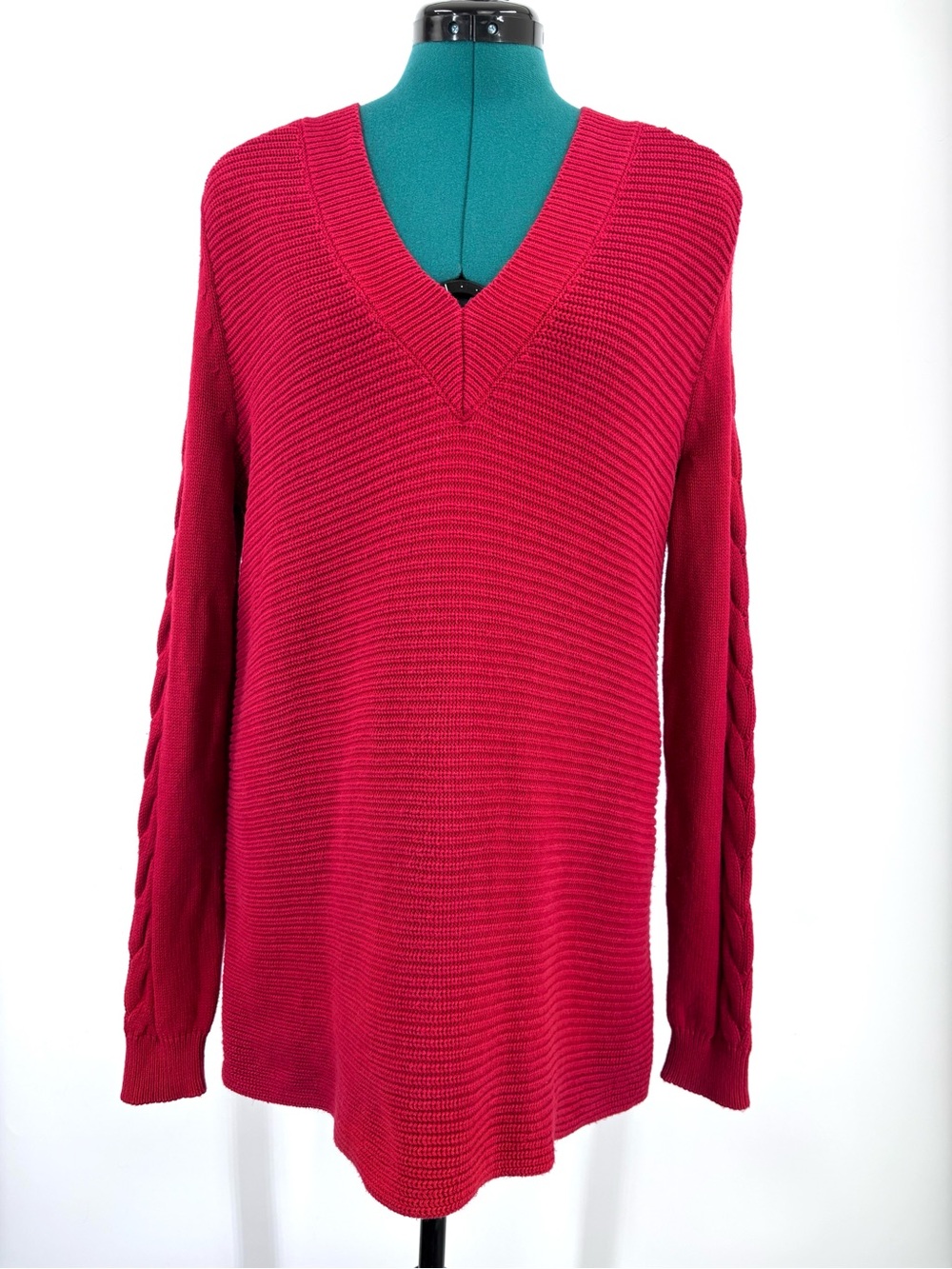 CAbi Standout Pullover #3714, Red Deep V-Neck Oversize Cotton Sweater, Small